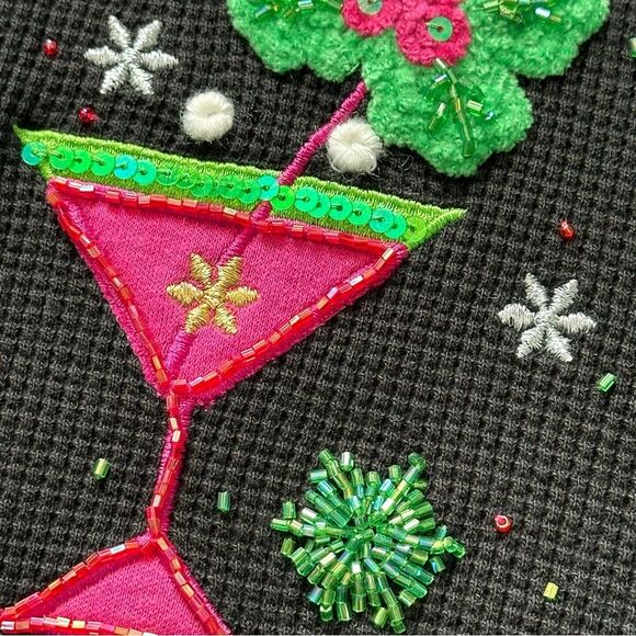 NWT Quacker Factory Martini Shirt Embellished Martini Waffle Knit VNeck Sz Large - Picture 3 of 7